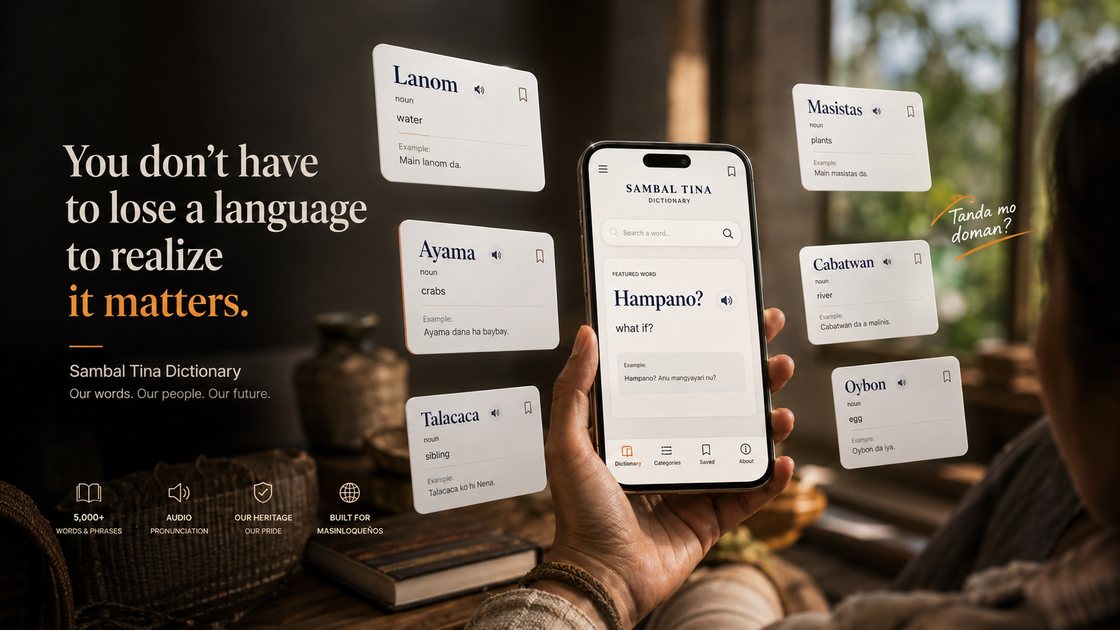 Sambal Tina dictionary shown on a phone with local word cards