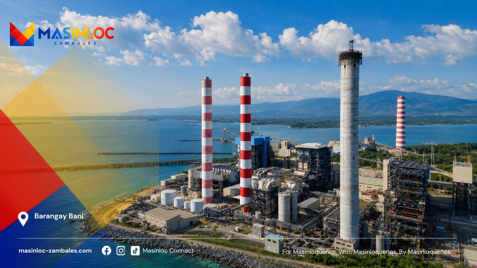Aerial view of Masinloc Power Plant in Barangay Bani, showing the plant, stacks, coal jetty, bay and Zambales mountains