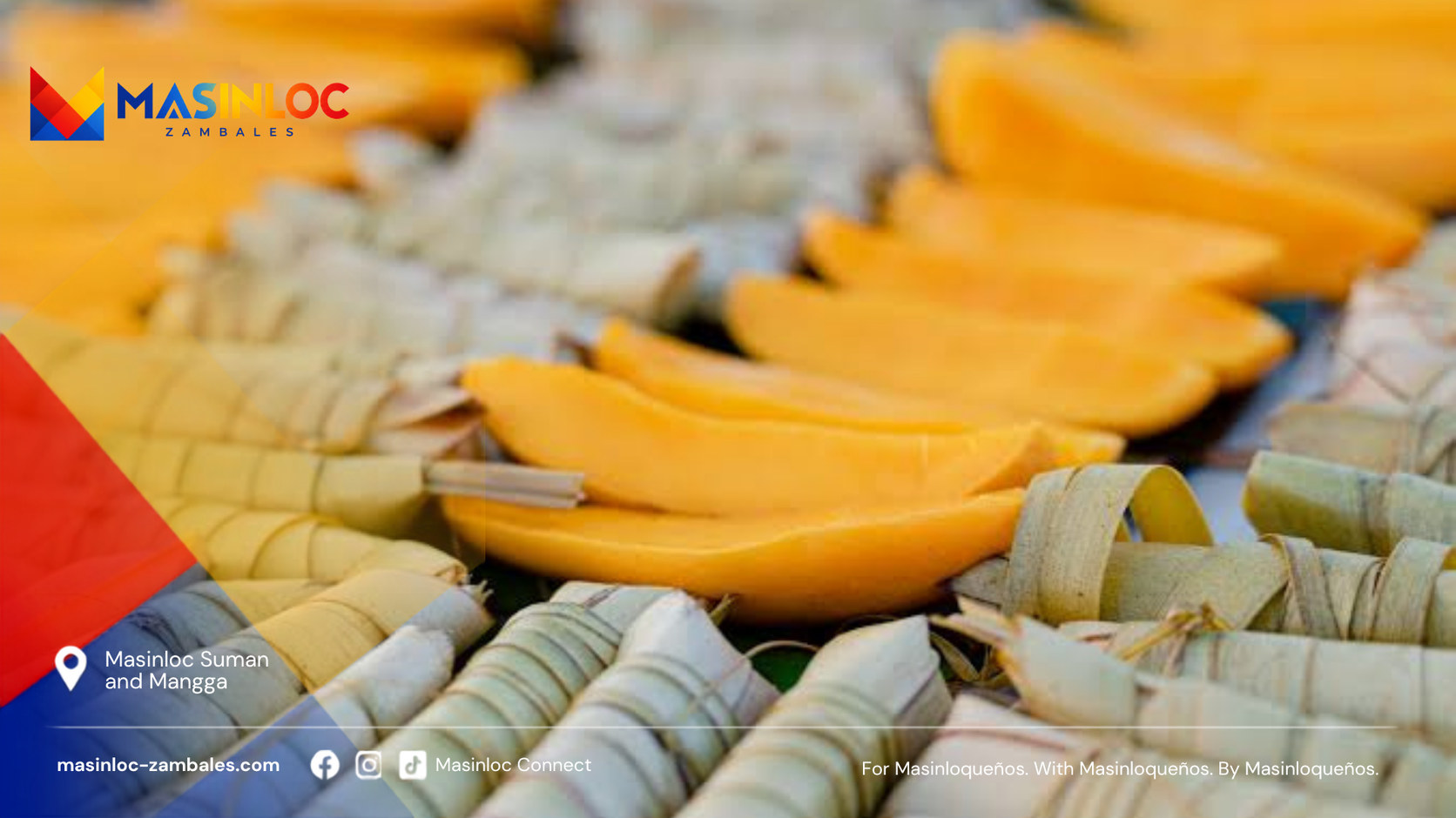 Leaf-wrapped suman bundles served with slices of ripe mango
