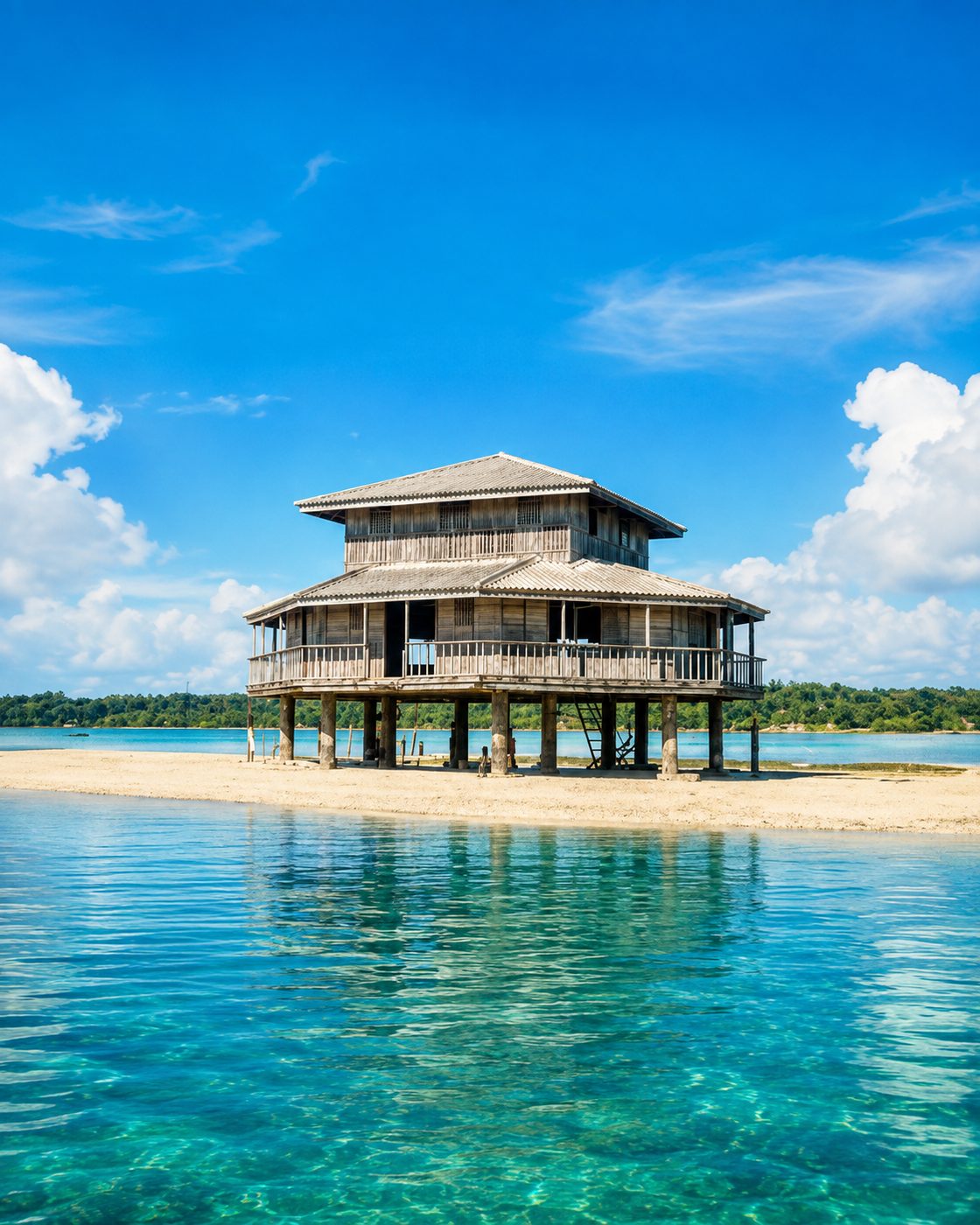 Stilt guesthouse standing over shallow water at Bacala Sandbar, Masinloc
