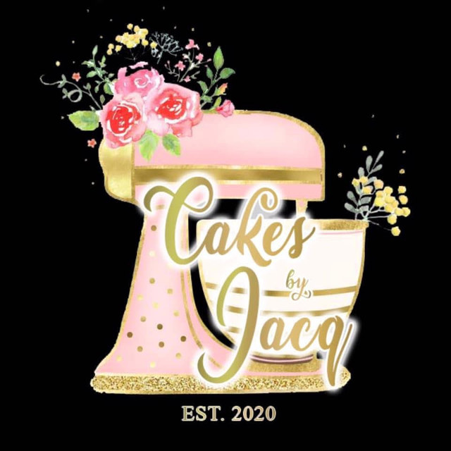 CAKES by JACQ logo: a pink stand mixer with roses in gold script, above EST. 2020