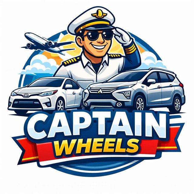 Captain Wheels logo: a saluting pilot between two white cars, with a plane above and the name on a red banner
